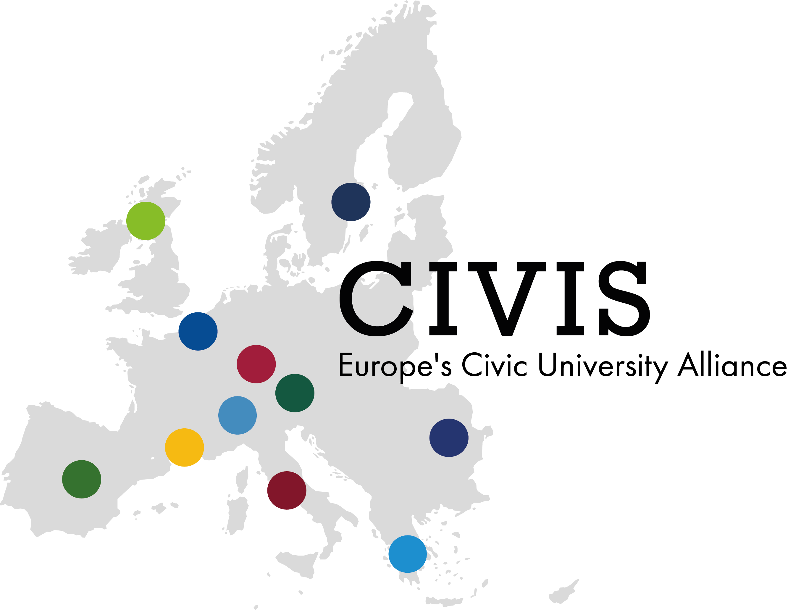 Logo CIVIS gris avec les 11 universités membres