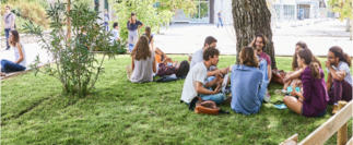 Des étudiants qui se relaxent sur l'herbe 