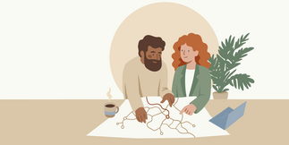 Illustration Bilan de compétence, un homme examine son plan de carrière, sous l'œil avisé d'une conseillaire amU