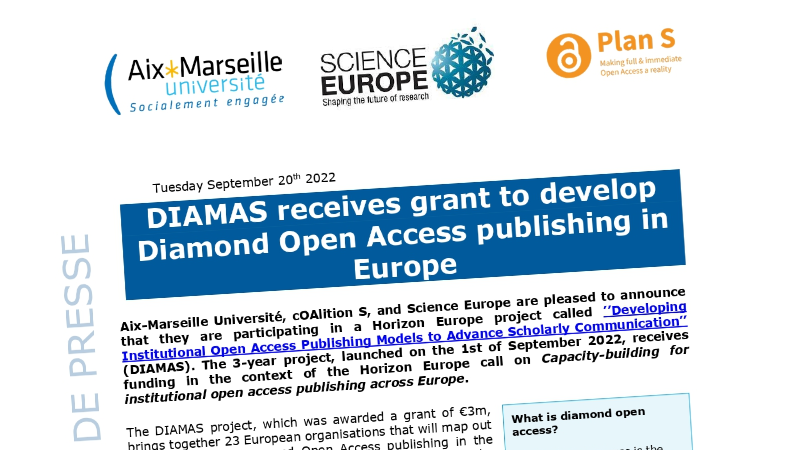 Capture d'écran du communiqué de presse annonçant la participation d'AMU au projet européen DIAMAS en anglais