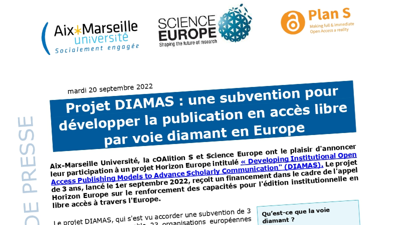 Capture d'écran du communiqué de presse annonçant la participation d'AMU au projet européen DIAMAS
