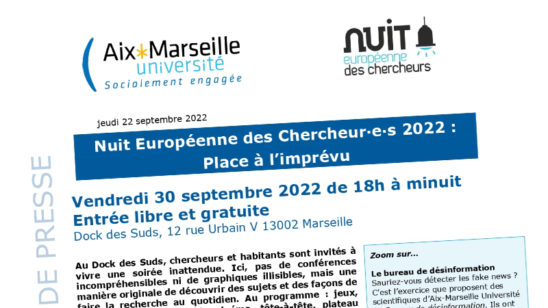 Capture d'écran du communiqué de presse annonçant la Nuit Européenne des Chercheur.e.s 2022 au Dock des Suds à Marseille