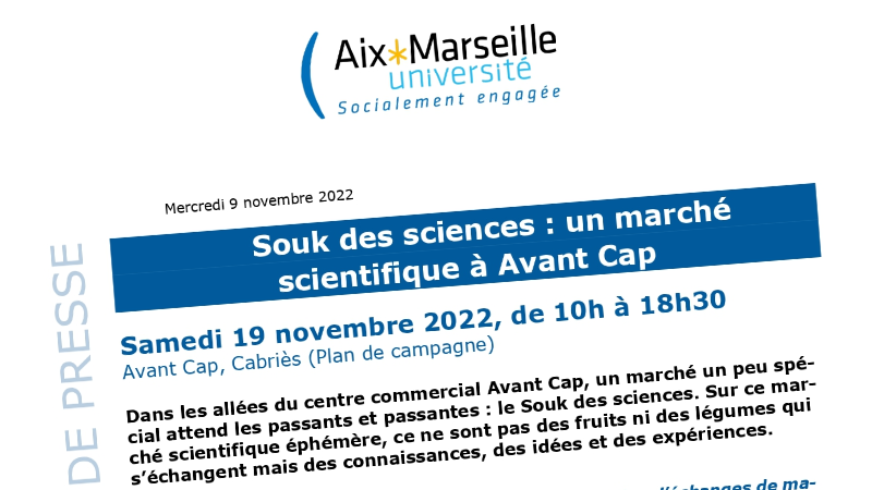 Capture d'écran du communiqué de presse concernant la tenue du Souk des Sciences à Avant Cap le 19 novembre 2022