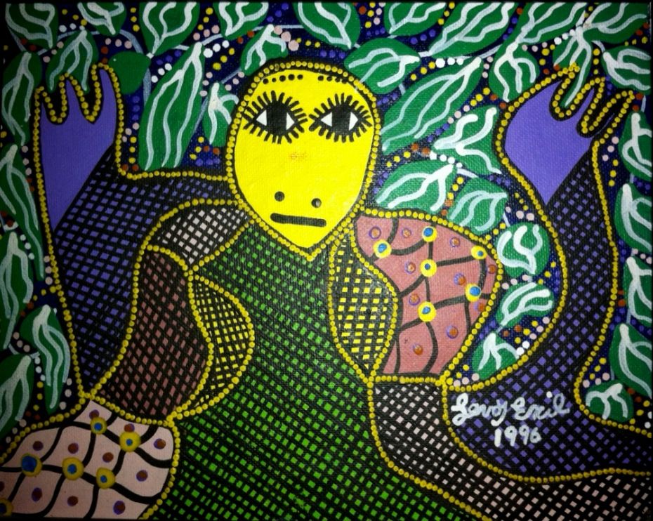 A 1996 8x10 painting of a Yellow Loa by Haitian painter Levoy Exil, acrylic on board, Wikimedia Commons, CC-BY-SA 3.0