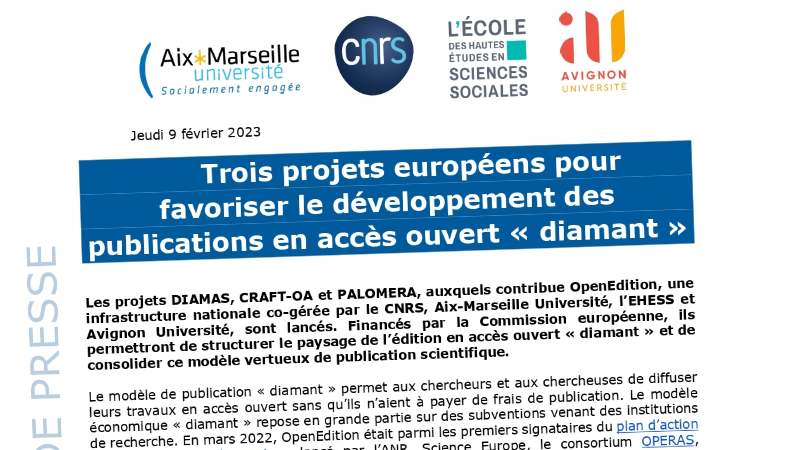 Capture d'écran du communiqué de presse "Trois projets européens pour favoriser le développement des publications en accès ouvert diamant"