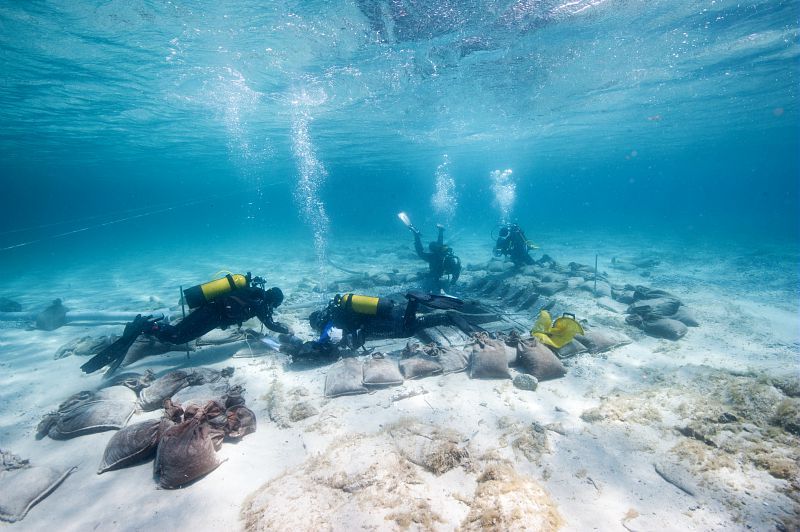 Archéologues plongeurs fouillant une épave