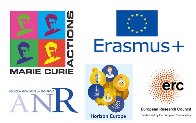 Logos des Bourses Marie Curie, Erasmus+, Horizon2020, ANR et ERC