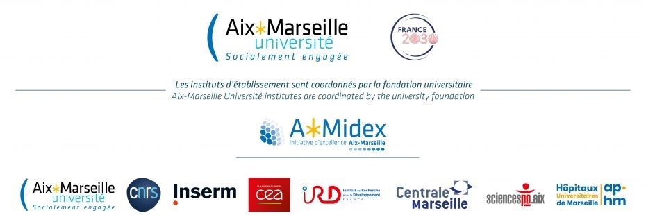 Logo d'A*MIDEX, de FRANCE 2030, de l'université d'aix marseille. Logos des partenaires : INSERM, CEA, IRD, Centrale Marseille, sciencespo aix et AP-HM.