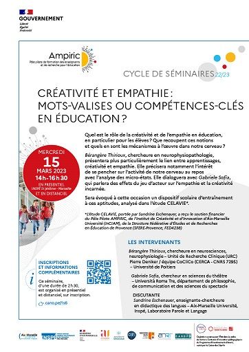 Affiche séminaire du 15 mars 2023 Créativité et empathie : mots-valises ou compétences-clés en éducation ?