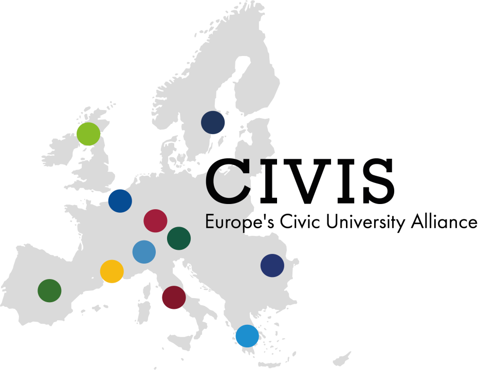 Logo CIVIS gris avec les 11 universités membres